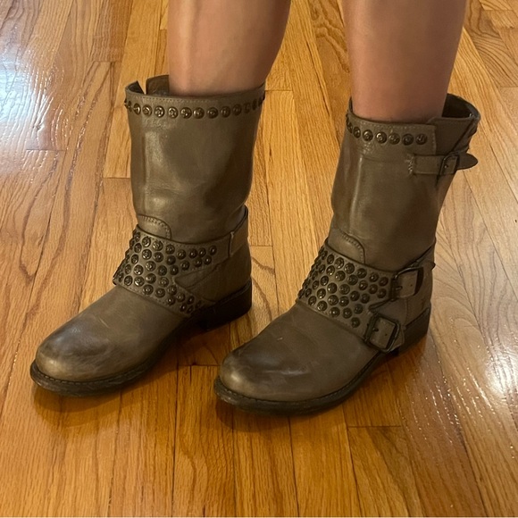 Frye Shoes - Frye Studded Grey Leather Moto Boots Mid calf.